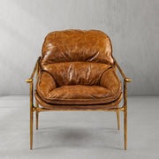 Hand-Forged Metal Brown Leather Accent Chairs