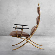 Hand-Forged Metal High Back Brown Leather Lounge Accent Chair