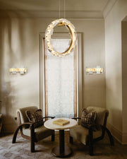 Antique Brass Ring Frame Round Halo Alabaster Modern Lighting Chandelier Wide 31