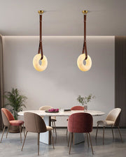 Round LED White Marble Pendant lamp with adjustable leather, Dia 12/16