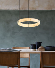 Black Metal Modern Round Ring Alabaster Pendant Light, Width 3.15