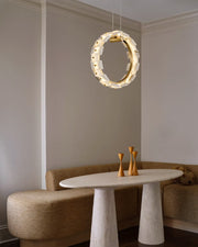 Antique Brass Ring Frame Round Halo Alabaster Modern Lighting Chandelier Wide 31
