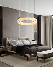 Black Metal Modern Round Ring Alabaster Pendant Light, Width 3.15