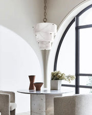 3 Tier White Round Alabaster Chain Pendant Light Fitting in Brass 10in