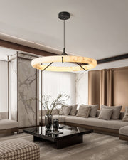 Black Metal Modern Round Ring Alabaster Pendant Light, Width 3.15