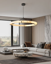Black Metal Modern Round Ring Alabaster Pendant Light, Width 3.15