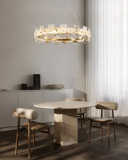 Antique Brass Ring Frame Round Halo Alabaster Modern Lighting Chandelier Wide 31
