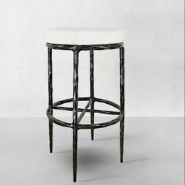 Hand-Forged Metal Backless Fabric Swivel Stool