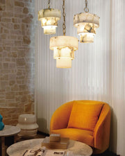 3 Tier White Round Alabaster Chain Pendant Light Fitting in Brass 10in
