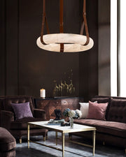 Round LED White Marble Pendant lamp with adjustable leather, Dia 12/16