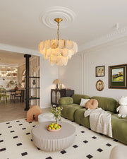 Multi layers Spanish White Alabaster Shell Marble Chandelier lamp in Brass