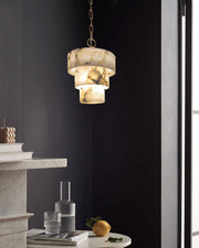 3 Tier White Round Alabaster Chain Pendant Light Fitting in Brass 10in