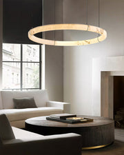 Black Metal Modern Round Ring Alabaster Pendant Light, Width 3.15
