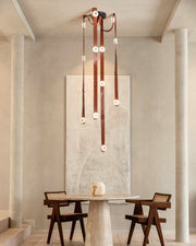 LED Mini SNAPS Module Ceiling Alabaster Pendant Light with Brown Leather Straps