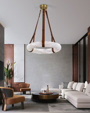 Round LED White Marble Pendant lamp with adjustable leather, Dia 12/16