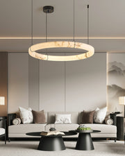 Black Metal Modern Round Ring Alabaster Pendant Light, Width 3.15