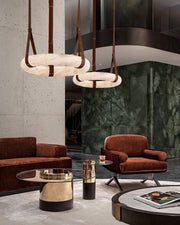 Round LED White Marble Pendant lamp with adjustable leather, Dia 12/16