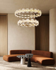 Antique Brass Ring Frame Round Halo Alabaster Modern Lighting Chandelier Wide 31