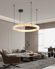 Black Metal Modern Round Ring Alabaster Pendant Light, Width 3.15