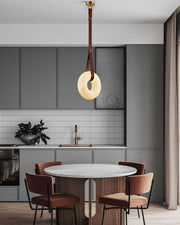 Round LED White Marble Pendant lamp with adjustable leather, Dia 12/16