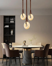 Round LED White Marble Pendant lamp with adjustable leather, Dia 12/16