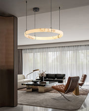 Black Metal Modern Round Ring Alabaster Pendant Light, Width 3.15