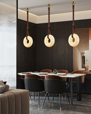 Round LED White Marble Pendant lamp with adjustable leather, Dia 12/16