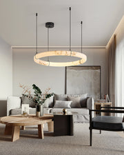 Black Metal Modern Round Ring Alabaster Pendant Light, Width 3.15