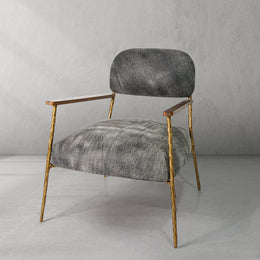 Hand-Forged Metal Grey Pearl Grain Leather Armchair