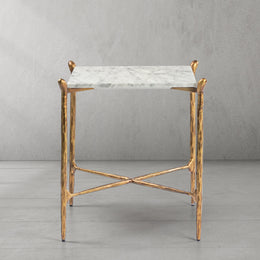 Hand-Forged Metal Square Marble Side Table