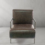 Hand-Forged Metal Genuine Brown Leather Accent Chair