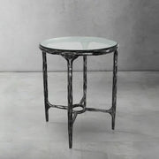 Hand-Forged Metal Glass Round Side Table 3 Leg 24